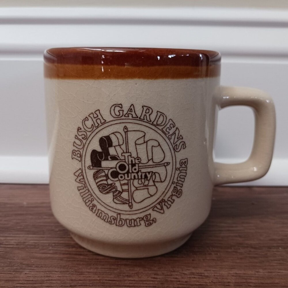 Vintage Busch Gardens The Old Country Williamsburg Virginia Coffee Mug Tan Brown